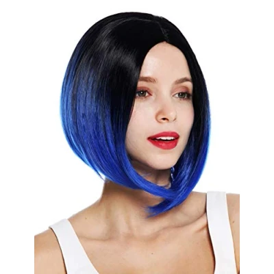 Imagen de WIG ME UP ZM 18782 2517Dye1B peluca de mujer pelo corto liso Bob largo raya en medio ombré negro azul