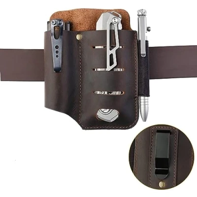 Imagen de VIPERADE PJ15 EDC Funda de Cuero, para Linterna/Funda Cuchillo Bolsillo/Funda bolígrafo táctica/para Multiherramienta, Organizador Cuchillos, Cuero con Clip marrón