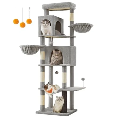 Imagen de Feandrea Árbol Grande para Gatos, Torre Arañar de 190,7 cm Altura, Multinivel con 2 Cuevas, Cestas, 5 Rascadores, Alfombra, Plataforma, Hamaca, Gris Paloma PCT183G01