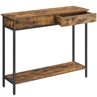 Imagen de VASAGLE Mesa de Consola, Entrada, Sofá con 2 Cajones, Marco Acero, Estable, para Pasillo, Dormitorio, Salón, Estilo Industrial, Marrón Rústico y Negro Tinta LNT015B01