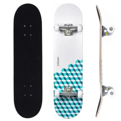 Imagen de ERNAN Skateboard,Monopatín Completo Profesional de 31 x 8 Pulgadas,7 Capas Monopatín Madera Arce con Rodamiento ABEC 7 para Niño Niña/Adulto Principiante. Skateboard. (Ocean Plaid)
