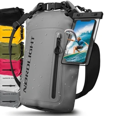 Imagen de Nordlight Bolsa Estanca Impermeable + Funda para Móvil, Cierre Enrollable, Correa Hombro Drybag Mochila Saco Estanco de Transporte Náutica Playa Sup Gris, 30 litros
