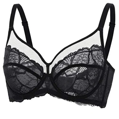 Imagen de DOBREVA Sujetador Encaje Reductor Talla Grande con Aros sin Forro para Mujer Negro 100E