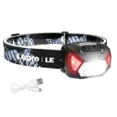 Imagen de Lepro Linterna Frontal LED Recargable 2000lux, Cabeza USB D500, 6 Modos de Luz con Rojo, Impermeable IPX4, para Correr, Camping, Excursión, Pesca