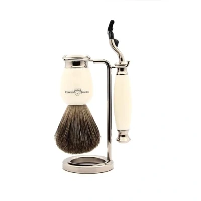 Imagen de Edwin Jagger S81M587AMZ Set de Afeitado Clásico Imitación Marfil y Níquel con Brocha Afeitar Tejón Puro Maquinilla Mach 3 para Crema o Jabón Hombre