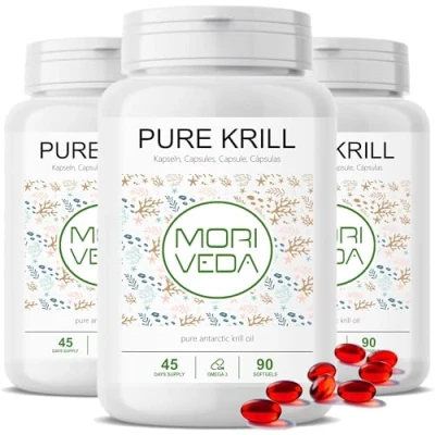 Imagen de cápsulas de aceite krill 1000mg PURE durante 135 días con astaxantina omega 3 6 EPA DHA colina fosfolípidos Moriveda 3x 90