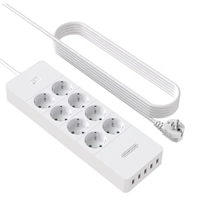Imagen de 1700 Julios Protectores de sobretensión con Cable 3 Metros, NTONPOWER Regletas Enchufes Montaje en Pared, 16A/4000W, 8 Tomas y 5 USB, Alargador Enchufe Multiple, Protección para Niños Interruptor