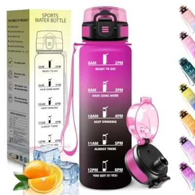 Imagen de HoneyHolly Botella Agua, 1L, Marcador de Tiempo, Portátil, Cantimplora, Libre BPA, Agua Gimnasio, A Prueba Fugas, Water Bottle para Ciclismo, Oficina y Exteriores