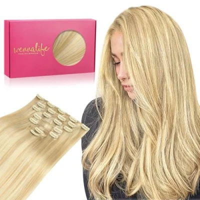 Imagen de WENNALIFE Extensiones Clip Pelo Natural, 60cm 120g 7 Piezas, Rubio Claro Dorado Resaltado de Natural Remy Cabello Postizos Mujer