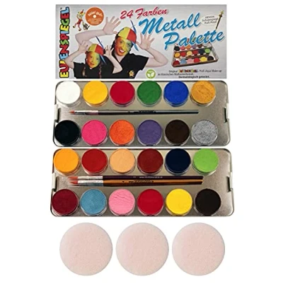 Imagen de Eulenspiegel 224007 Maquillaje profesional aqua, 24 colores, 3 pinceles profesionales, esponjas, paleta metálica