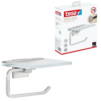 Imagen de tesa EXXCLUSIV portarrollos para Papel Higiénico con Tapa Montaje sin Taladrar Alta Fuerza de Fijación Tecnología Power.Kit 47 x 141 131 mm Acero Inoxidable