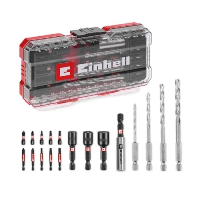Imagen de Einhell S Case Juego de 18 accesorios resistentes a los impactos (brocas 25 mm, brocas 50 soporte 60 llave vaso, taladro metal, incluye caja almacenamiento)