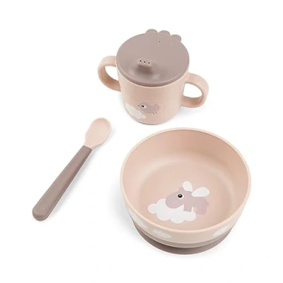 Imagen de Done by Deer Foodie First Meal Set Happy Clouds Powder para bebés y niños pequeños, 100% polipropileno de grado alimenticio, sin BPA, cuenco niños, taza cuchara 2 asas, con base
