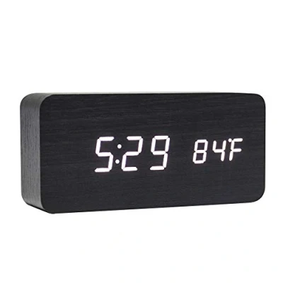 Imagen de Lancoon Reloj Digital De Madera Despertador Multifunción con Visualización La Hora/Fecha/Temperatura Y Control Voz para Viajes A Oficina En El Hogar AC11Black_White