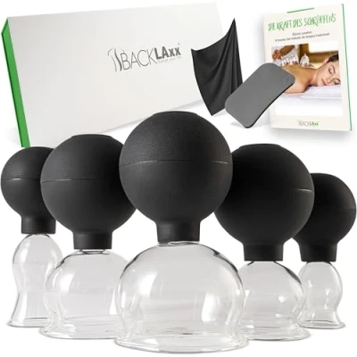 Imagen de BACKLAXX ® juego de ventosas vidrio real con bola succión silicona y raspador fascia, contra la celulitis, faciales las arrugas
