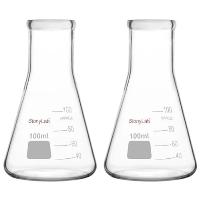 Imagen de stonylab Erlenmeyer Matraces, Paquete de 2 100 ml Boca Estrecha Muro Pesado Vidrio Borosilicato Matraz Cristalería Laboratorio