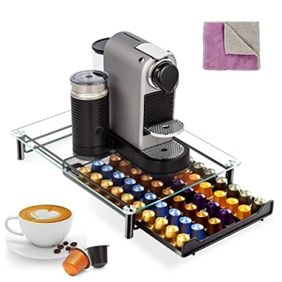 Imagen de Masthome Soporte para Cápsulas Nespresso 60Pcs, Cajón de Café con Tapa Vidrio Templado, Dispensador Vertuo Hogar, Oficina, Cocina, 1 Paño Limpieza