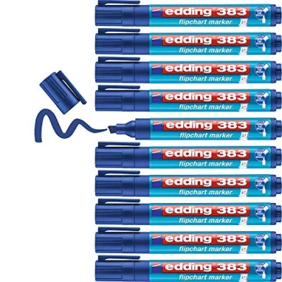 Imagen de edding 383 marcador para flipcharts azul 10 rotuladores punta biselada de 1 5 mm rotulador escribir, dibujar y marcar sobre papel recargable, no traspasa, mancha, impermeable