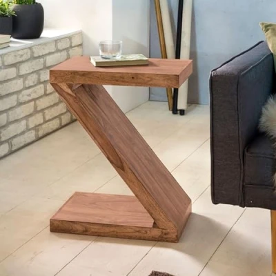 Imagen de FineBuy Mesa Auxiliar Forma de Z Moderna 44x30x59 cm Madera Maciza Acacia Lateral para Salón Mesita Café Pequeña Sofá