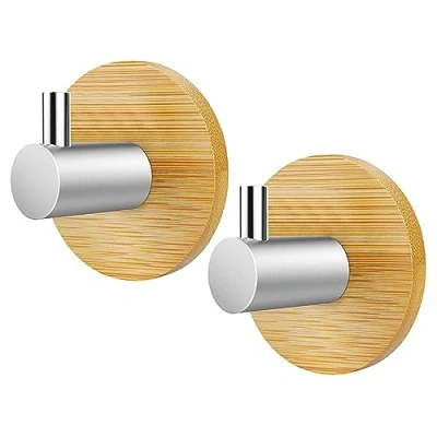 Imagen de Gancho de Pared Autoadhesivo Madera Bambú 2 Piezas Acero Inoxidable 304 y Bambu para Toallas Ganchos Adhesivos Natural Uso en Baño Dormitorio Cocina
