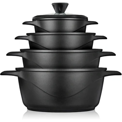 Imagen de briebe Batería Cocina Inducción 8 Piezas, Juego 4 Ollas Aluminio Fundido, Antiadherente ILAG GRANITEC sin PFOA, Set Cazuelas Tapas Cristal, Guantes Silicona, Vitrocerámica, Gas, Horno.
