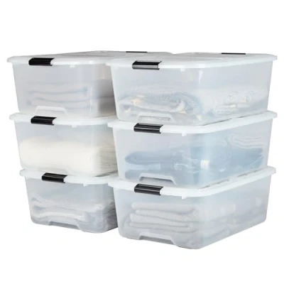 Imagen de Iris Ohyama 6 Cajas de almacenaje con tapa y cierres a presión, 30L, Transparente, apilables, encajables, contenador para ropas, juguetes, hogar, oficina armario, organizar espacio, plástico,