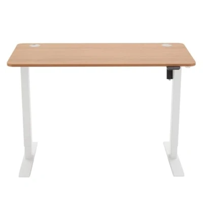 Imagen de Amazon Basics Rectangular Escritorio eléctrico de altura regulable para trabajar sentado o pie, 120 x 60 cm, tablero haya y estructura blanca (Antes éramos Movian)