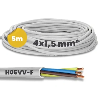 Imagen de Kalitec H05VV F cable de manguera (5 m, 4 x 1,5 mm², alimentación 4G1,5 con conductor protección, PVC para interiores, eléctrico blanco, lámpara,