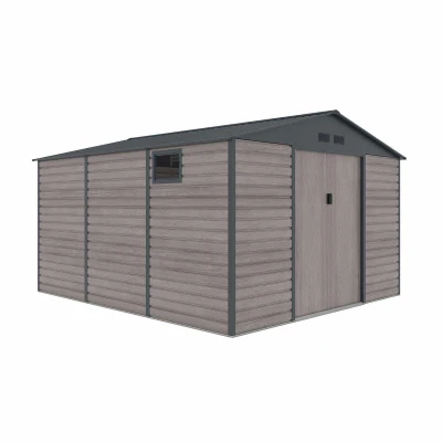Imagen de Gardiun Caseta Metálica Surrey 13 m2 Exterior 340x382x226 cm de Acero con Ventana Lateral y Efecto Madera Veteada