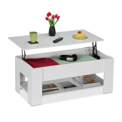 Imagen de Relaxdays Mesa de Centro Elevable, Mesita Sofá con Almacenaje y Balda, Mesilla Salón, 42x98x50 cm, Blanco, Tablero Fibras