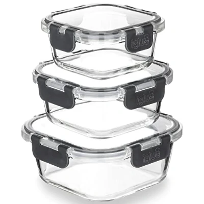 Imagen de Igluu Meal Prep Recipientes cuadrados apilables de vidrio sin BPA, tapas herméticas a prueba fugas, aptas para microondas, horno y lavavajillas (800 ml, 520 320 ml) Set 3