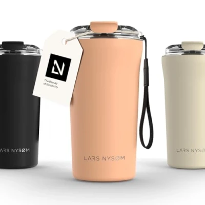 Imagen de LARS NYSØM Taza térmica Café para llevar con correa y Tapa Tritan Termo de 0,5 litros aislante Travel mug acero inoxidable a prueba fugas (Creamy Peach, 500ml)