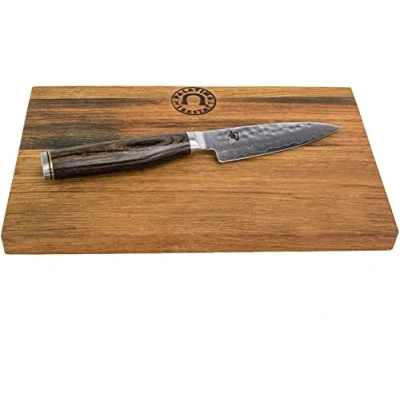 Imagen de Kai Shun Juego de cuchillos Tim Mälzer Serie Premier Cuchillo oficina TDM 1700 japonés ultraafilado con hoja damasco + tabla cortar 100% hecha a mano 25 x 15 cm