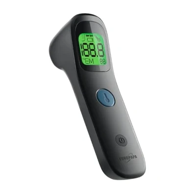 Imagen de EUROPAPA termómetro de fiebre para bebés, niños y adultos, frente por infrarrojos con alarma fiebre, interruptor C/F, memoria 30 lecturas (negro)