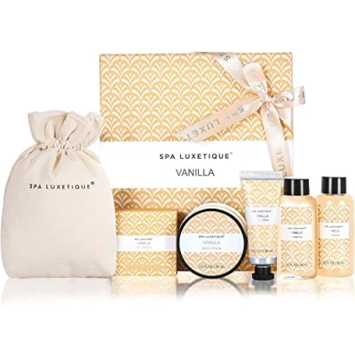 Imagen de SPA LUXETIQUE Set de Regalo baño para Mujer cuidado con aroma vainilla gel ducha tamaño viaje, loción corporal, burbujas, crema manos, bolsa lino cordón