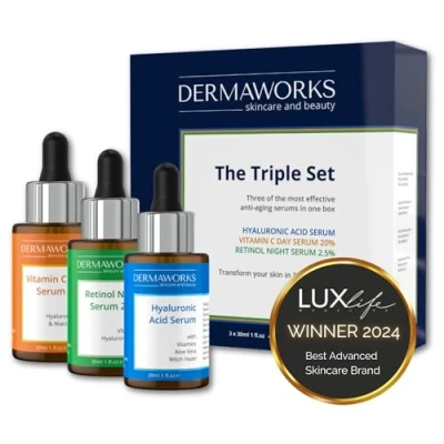 Imagen de DERMAWORKS Serum Skincare Kit Vitamina C 20% Acido Hialuronico Retinol 2.5% Hidratante para Una Piel Más Brillante Set Regalo Mujer Facial Antiedad, Antiarrugas
