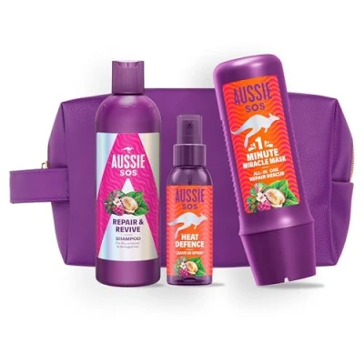 Imagen de Aussie Set de Regalo SOS Repair &amp; Revive Champú 300ml + Heat Defence Spray 100ml 1 Minute Miracle Rescue Mascarilla 250ml, Ayuda a Reparar el Pelo Seco y Dañado, 100 Horas Hidratación
