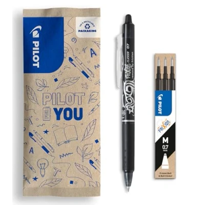 Imagen de PILOT Set de 1 Frixion Ball Clicker + 3 recambios Bolígrafo retráctil borrable con tinta termosensible Rollerball recargable y ergonómico Negro Punta media