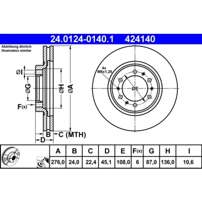 Imagen de ATE 24.0124 0140.1 Disco de freno 276,0 24,0 6 108,0 ventilado revestido MITSUBISHI: Pajero 2, 3, Sport 1 SUV