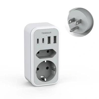 Imagen de TESSAN Adaptador Enchufe Americano a Español, 6 en 1 Europeo con 2 USB C y A, USA, USA Tipo B para Espana, Canada, Colombia, EE. UU.