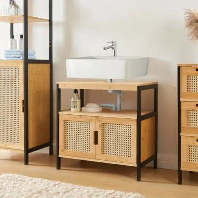 Imagen de [en.casa] Mueble Auxiliar Baño Tervola con Compartimento Cerrado y 1 Estante Adicional para Debajo del Lavabo 2 Puertas Batientes MDF Bambú 60 x 35 cm Negro Efecto Ratán