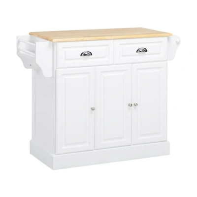 Imagen de HOMCOM Isla de Cocina Carro con Ruedas Multiusos 2 Cajones 3 Puertas Toallero y Estante para Especias Comedor 110x45x91 cm Blanco