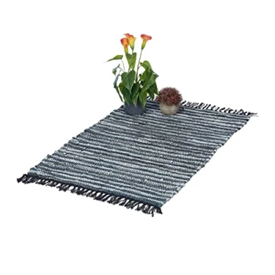 Imagen de Relaxdays Flickenteppich Alfombra de Algodón y Piel con Flecos, Hecha a Mano, Decorativa, Antideslizante, 60x100 cm, Gris, auténtica, 60x110 cm