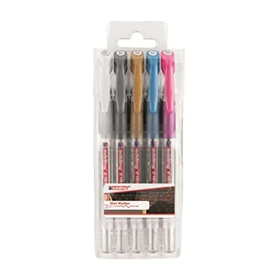 Imagen de edding 2185 roller gel blanco, oro, plata, azul, rosa (metálico) juego de 5 0,7 mm bolígrafo para escribir, colorear o decorar bullet journals rotulador purpurina mandalas