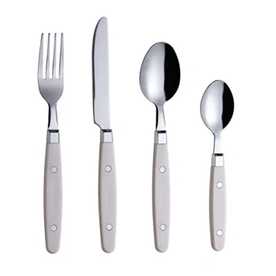 Imagen de Exzact Cuberterías 24 Piezas Acero Inoxidable con Asas de Remache artesanales/Cubiertos Estilo Retro 6 x Tenedores, Cuchillo, cucharas Mesa, té (Crema)