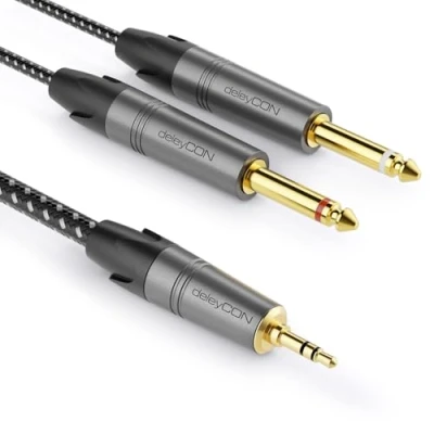 Imagen de deleyCON 1m Jack de 3,5mm Estéreo a 2x 6,3mm Mono Cable Audio en Y Divisor Interfaz Digital para Instrumentos Mezclador, Guitarra, Amplificador, Micrófono