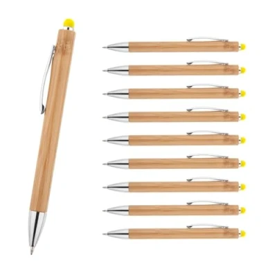 Imagen de WPRO Bamboo Juego de 10 bolígrafos táctiles bambú amarillo sostenibles azules con mina intercambiable y función táctil para smartphones