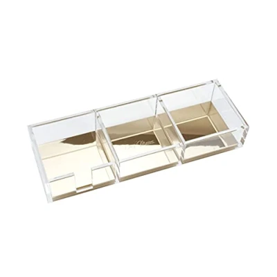 Imagen de Dany Marcus Organizador de escritorio con 3 compartimentos, acrílico transparente detalles dorados, ideal para notas adhesivas y clips