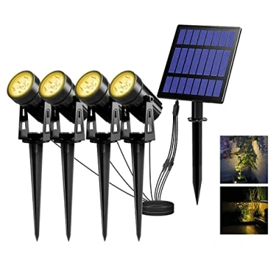 Imagen de T SUN Luces Solares LED Exterior Jardin, 4 en 1 Foco Solar con 3000K Blanco Cálido 2 Nivels Brillo Ajustables Impermeable 270º Gran Angular de Luz Iluminación para Camino Césped Entrada