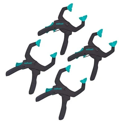 Imagen de wolfcraft Juego de pinzas carraca Para bricolaje y trabajo profesional, 4 piezas I 8625000 aplicaciones sujeción potente con una anchura 40 o 60 mm